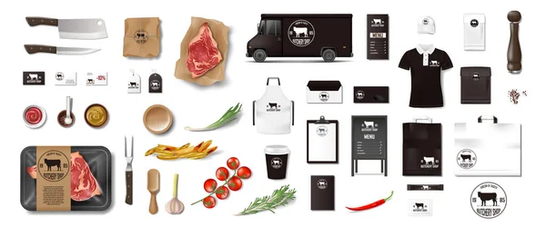 Vielfalt an Lebensmitteln in der Metzgerei. Restaurant Brand Identity Mockup Set isoliert. Markenverpackungselemente für Fleischgeschäft, Café oder Steakhaus. Lebensmittel aus dem Supermarkt in Packung. Vektor — Stockvektor