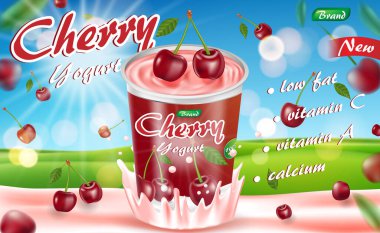 Güneşli yeşil bokeh arka planda izole edilmiş kirazlı yoğurt. Yemek konteynırı reklamı. Tasarımınız için gerçekçi olgun kiraz vektörü çizimi