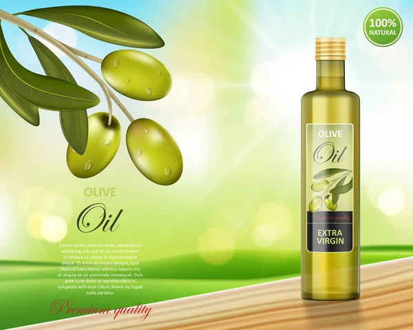 Olive oil bottle design on green shiny background. Transparent glass olive oil on wooden table, package design. Vector 3d illustration — Stock Vector