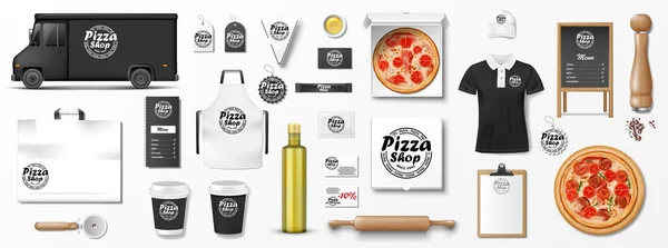 Conjunto de maquetes para pizzaria, café ou restaurante. Conjunto de marca realista de caminhão de entrega pizzaria, uniforme, caixa de pizza, menu, pacote de papelão. Elementos de maquete de pizza para presention e publicidade — Vetor de Stock