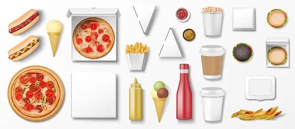 Conjunto de mockup de fast food realista, vista superior para o menu de lanches do restaurante. Modelo de fast food Hambúrguer isolado, sorvete, pizza, pipoca, ketchup. Vetor — Vetor de Stock