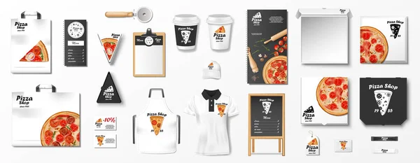 Conjunto de maquetes para pizzaria, café ou restaurante. Conjunto de marca realista de panfleto pizzaria, uniforme, caixa de pizza, menu, pacote de papelão. Elementos de maquilhagem de pizza Vista superior. ilustração vetorial — Vetor de Stock