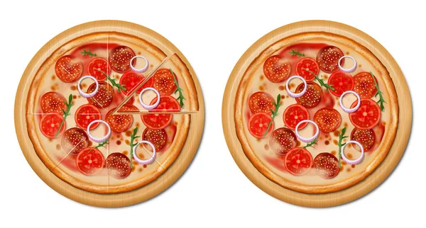 Pizza italiana tradicional Vista superior. pizza realista com tomate, queijo, azeitona, pepperoni, cebola, manjericão. Um lanche europeu isolado. ilustração vetorial . — Vetor de Stock