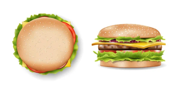 Burger mockup para su diseño, lado de la hamburguesa deliciosa y vista superior. Hamburguesa realista con ingredientes refrescantes. Ilustración vectorial 3d — Vector de stock