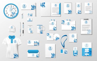 Şirket kimlik şablonu modeli. Üniforma, paket, kupa, antet, yıllık rapor üzerinde mavi renkli soyut geometrik model. Gerçekçi Vektör Kağıt Çizimi