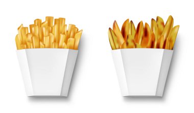 Patates kızartması ve patates dilimleri karton kutuda, izole. Patates kızartmalı ve patatesli gerçekçi beyaz paket. Fast food afişi. vektör illüstrasyonu