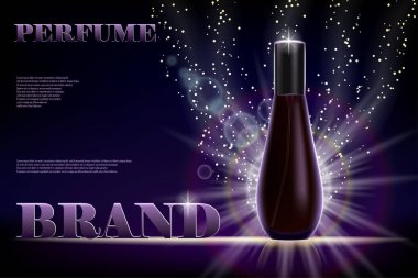Kozmetik ürünleri reklamı. Markan için koyu parlak arka planda parfüm şişesi. Şeffaf ve parlak parfüm Vektörü 3 boyutlu illüstrasyon