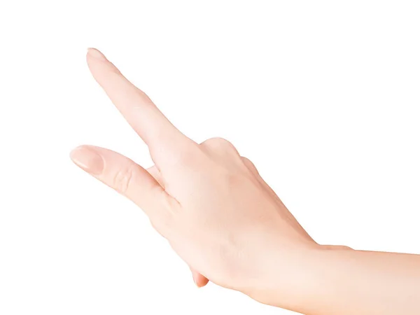 Mujer Señalando Con Dedo Vista Primera Persona Aislada Blanco Con —  Fotos de Stock