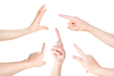 İzole edilmiş beyaz kadın el koleksiyonu. Göstermek, dokunmak, işaretlemek ve göstermek, beyaz üzerine izole