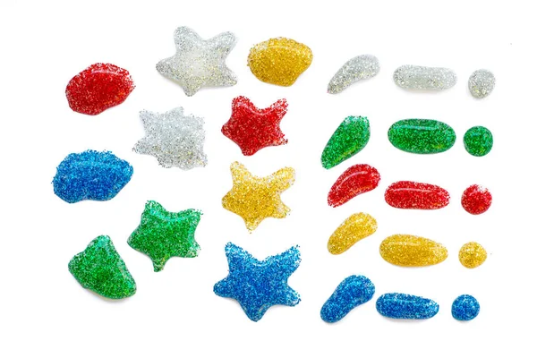 Farklı renkte parıltı damlaları. Beyaz üzerine dekoratif elementler