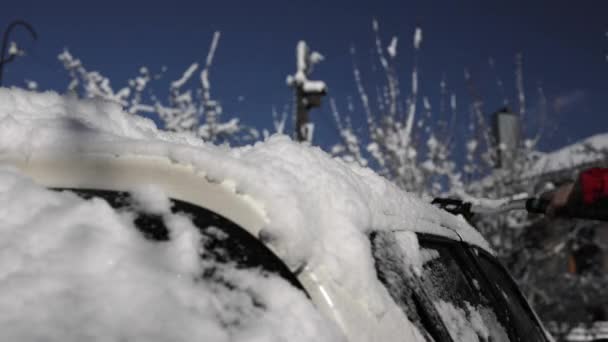 女の子は車の体から雪を掃引 — ストック動画