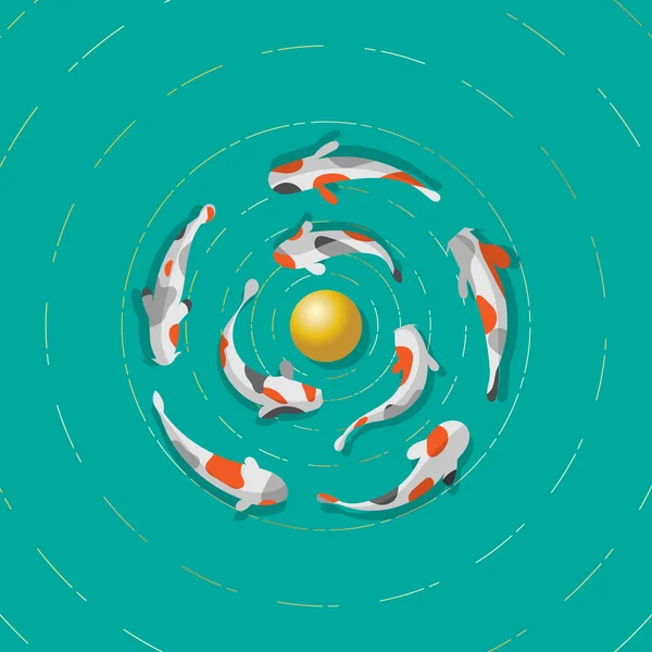 Ocho peces Koi nadan alrededor de una esfera dorada . — Vector de stock