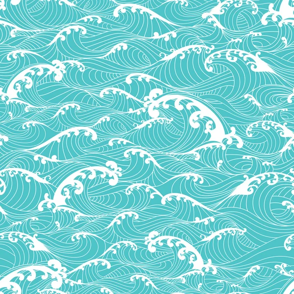 Oceano ondas, padrão sem costura fundo mão desenhado estilo asiático — Vetor de Stock