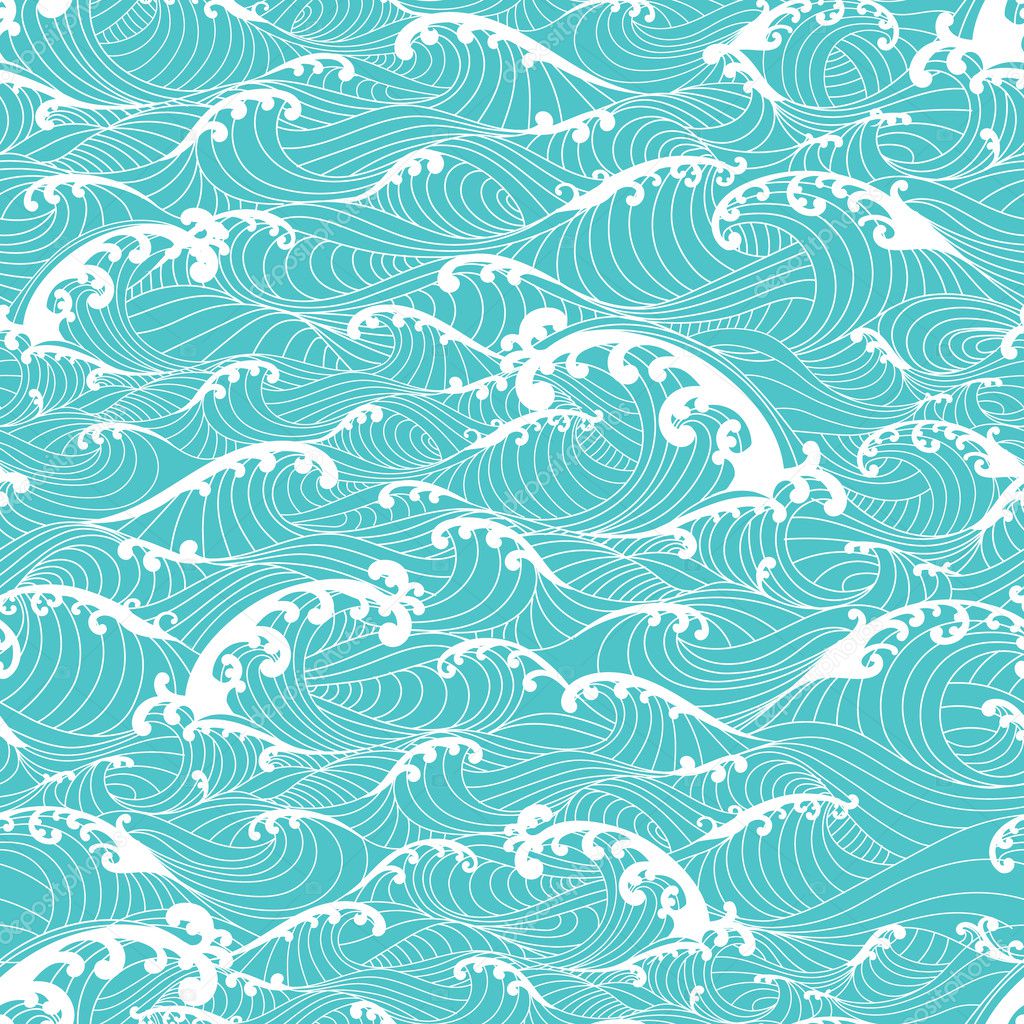 Ocean waves, pattern seamless background hand drawn Asian style