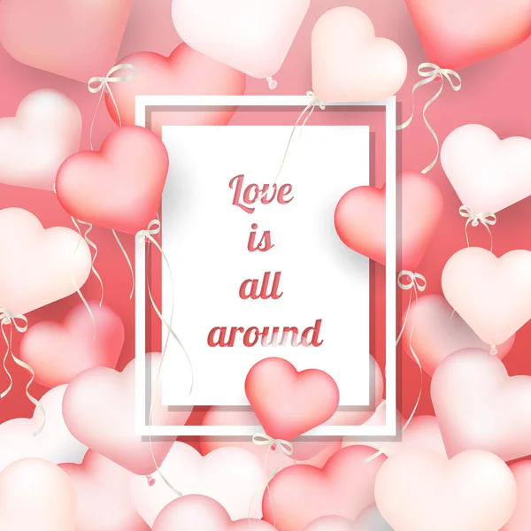 Alla hjärtans dag bakgrund, rosa Hjärtformade ballonger med meddelanden kärlek är runt. — Stock vektor