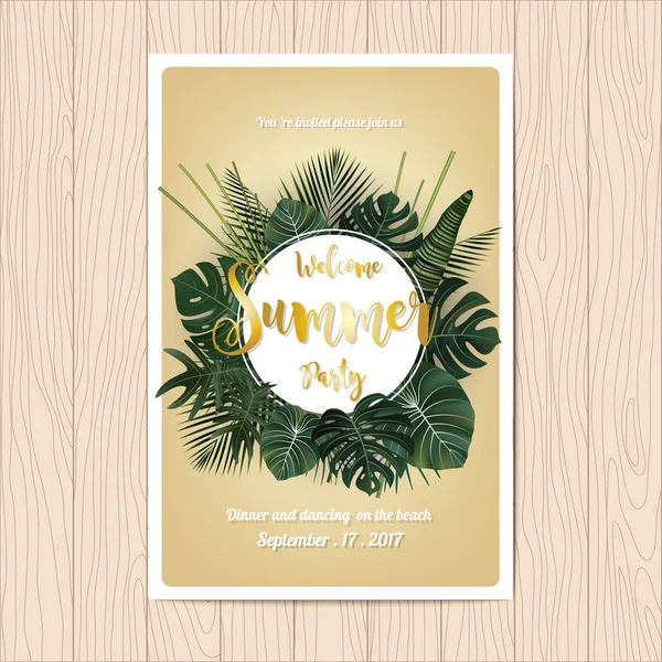 Summer party invitation card design. Golden writing on a tropica — Stock Vector