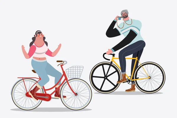 Cartoon karakter ontwerp illustratie. Mannen paardrijden fietsen nemen p — Stockvector