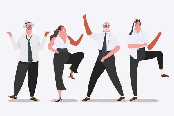 Ilustración de diseño de personajes de dibujos animados. Equipo de negocios bailando en — Archivo Imágenes Vectoriales
