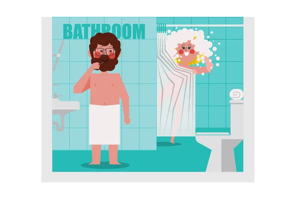 Dans la salle de bain, les hommes se brossent, les femmes se baignent Illustrations De Stock Libres De Droits