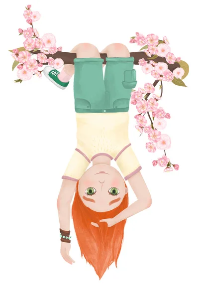 Nastolatek Rude Włosy Wiosna Dziewczyna Drzewa Sakura — Zdjęcie stockowe
