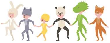 Çocuk maskeleri ve el ele tutuşarak kostümleri