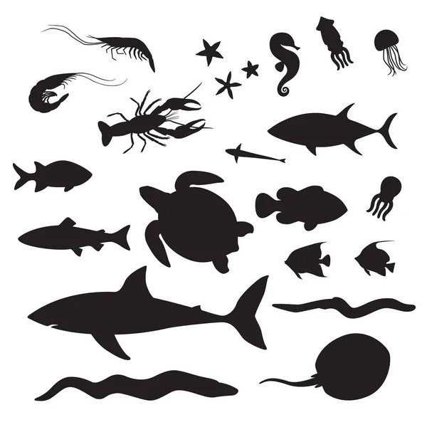 Vida marina Habitantes submarinos Siluetas — Vector de stock