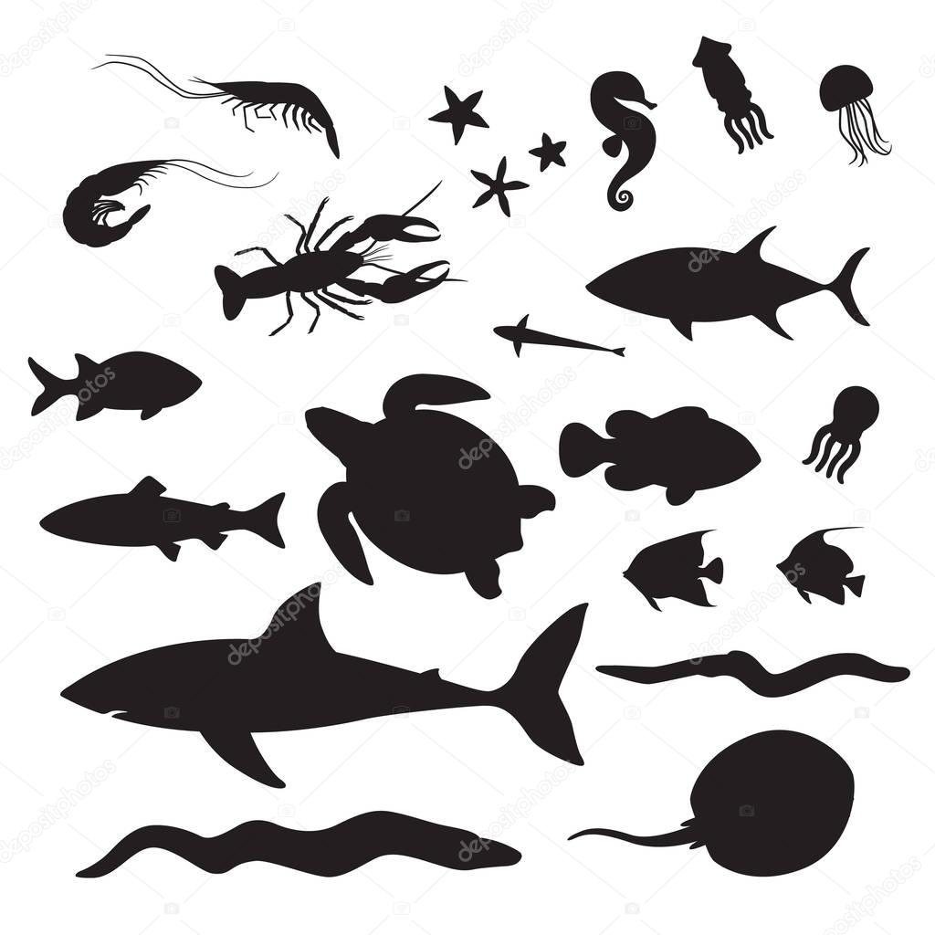 Sea Life Underwater Inhabitants Silhouettes