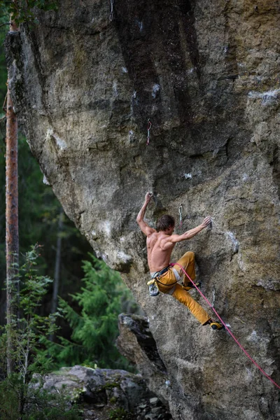 Hombre joven escalando pared vertical con bosque en el fondo . — Foto de Stock