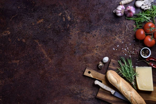 Ingredientes de bocadillo rápido, hamburguesa y menú sándwich. Marco del restaurante, espacio para copiar, vista superior, disposición plana . — Foto de Stock