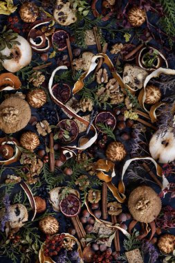 Havai görünümü karışık baharat, meyve, fındık ve pasta malzemeler. Noel veya Şükran Tema.