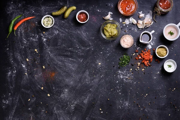Sauces, appetizers and cooking ingredients, food frame backgroun