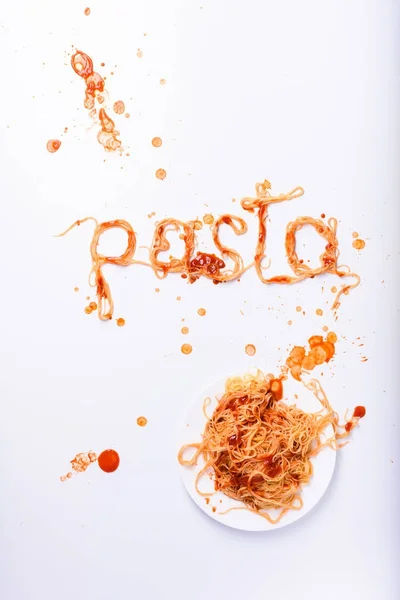 Pasta cooked with tomato sauce. Spaghetti - Italian food poster.