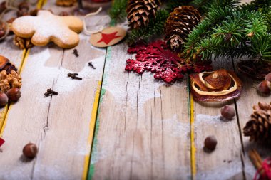 Selebrating Noel için malzemeler. Çerezleri fırın. Üstten Görünüm,