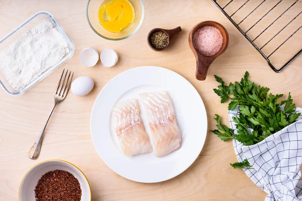 Cod Fish Fillets Cooking Ingredients Wooden Kitchen Table Healthy Diet — Stock Photo, Image