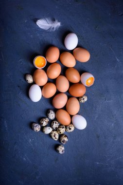 tüyler ve yumurta kabuğu ile yumurta ahşap bir masa üstünde tarz.