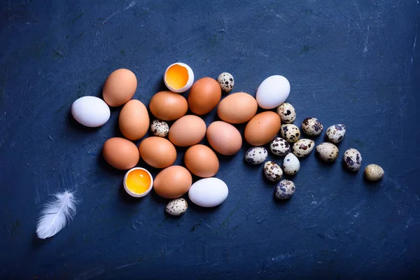 Tavuk ve Bıldırcın yumurta ahşap bir masa üzerinde tarz tüyleriyle.