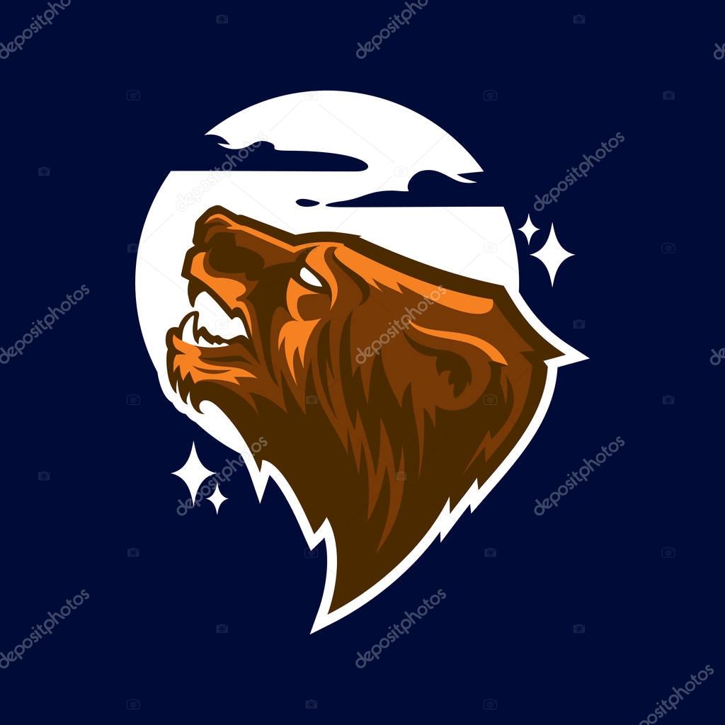 Grizzly bear Head Logo Mascot Emblem. Talisman college sports teams, e-sport, tattoo, print t-shirt. The design of the character of a wild bear. Vector illustration.