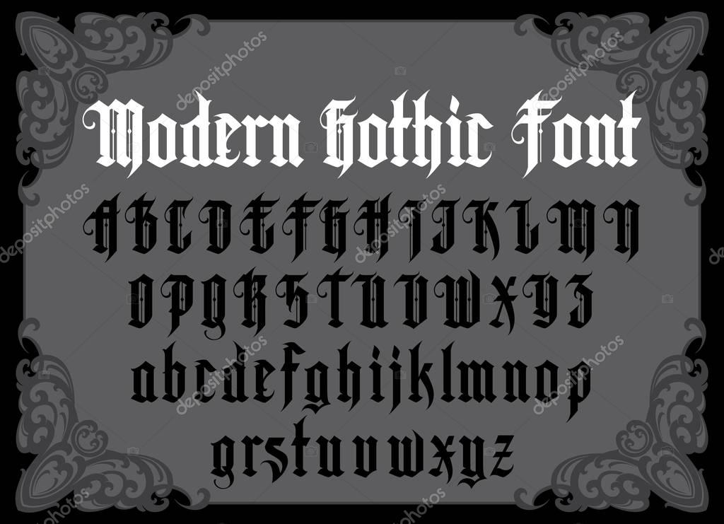 Vector modern gothic alphabet in frame. Vintage font. Typography for labels, headlines, posters etc.