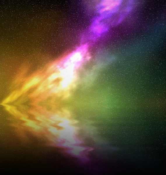 Cielo estrellado con colorida nebulosa reflejada en el agua —  Fotos de Stock