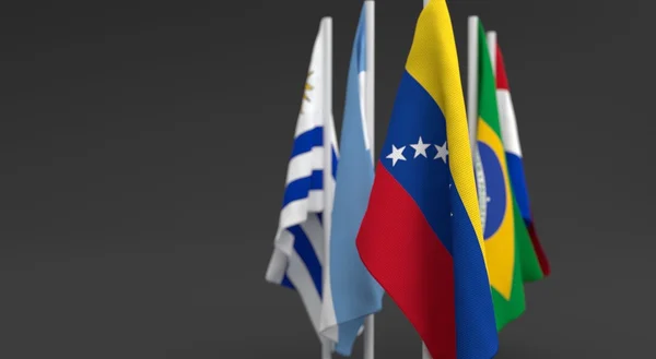 Illustration 3d render, Flags of the five countries of the Mercosul economic bloc — Stock Photo, Image