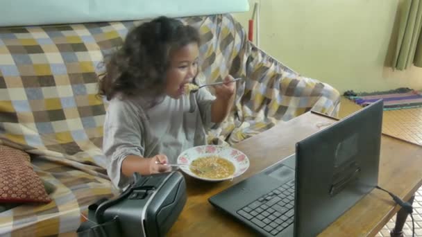 Medium Shot Multicultural Asian Girl Watches Video Streaming Laptop While — Stock Video