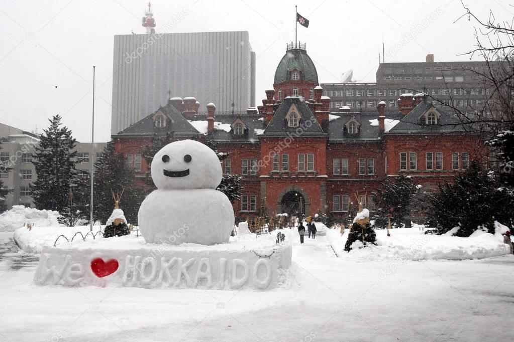 snowman and building in hokkaido