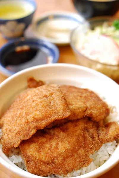 Pequeno-almoço, arroz e carne — Fotografia de Stock