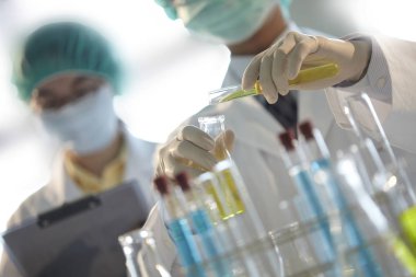 Bilim adamları laboratuarda test tüpleri ile çalışma