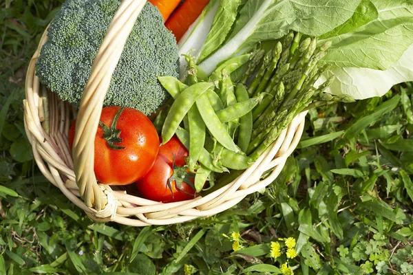 Verduras frescas y saludables en cesta de madera — Foto de Stock