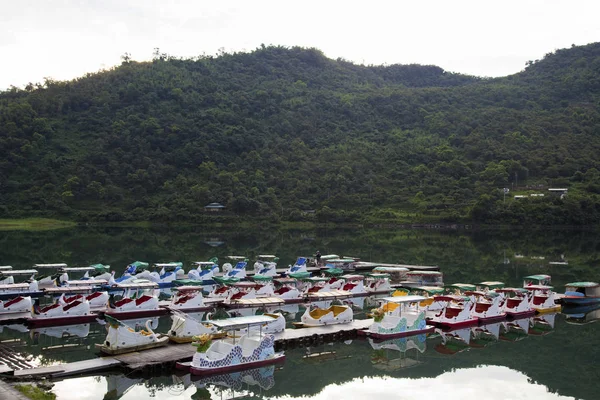 Beautiful lake with boats in new taipei, Taiwan