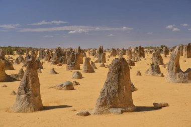 Pinnacles kireçtaşı oluşumları Nambung Milli Parkı içinde Cervantes, Batı Avustralya, yakınındaki vardır