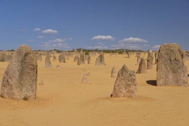 Pinnacles kireçtaşı oluşumları Nambung Milli Parkı içinde Cervantes, Batı Avustralya, yakınındaki vardır
