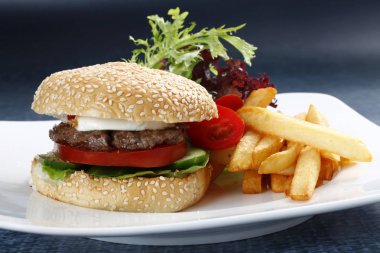 Abur cubur ile plaka closeup. Sağlıksız burger fastfood içinde yapılan