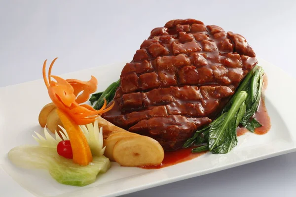 Viande Frite Juteuse Avec Légumes Sur Assiette Vue Rapprochée — Photo